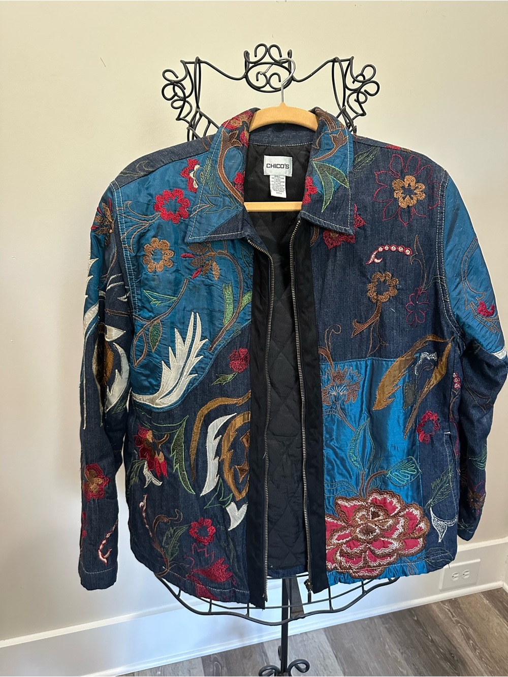 Chico's Blue Embroidered Floral Denim Jacket